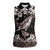 Hawaiian Plumeria and Humpback Whales Women Sleeveless Polo Shirt Polynerian Art Tattoo-Grayscale Mode