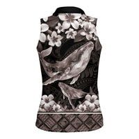 Hawaiian Plumeria and Humpback Whales Women Sleeveless Polo Shirt Polynerian Art Tattoo-Grayscale Mode