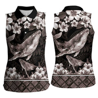 Hawaiian Plumeria and Humpback Whales Women Sleeveless Polo Shirt Polynerian Art Tattoo-Grayscale Mode