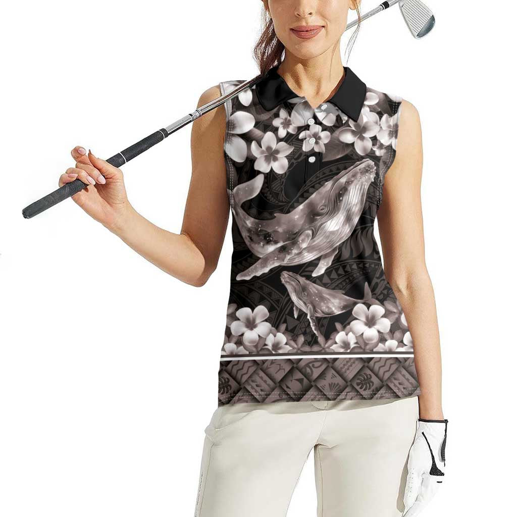 Hawaiian Plumeria and Humpback Whales Women Sleeveless Polo Shirt Polynerian Art Tattoo-Grayscale Mode