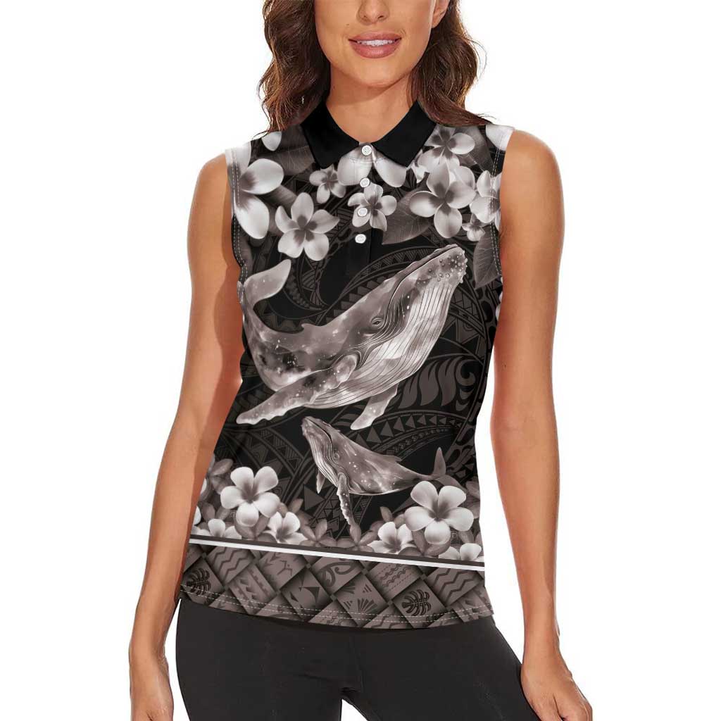 Hawaiian Plumeria and Humpback Whales Women Sleeveless Polo Shirt Polynerian Art Tattoo-Grayscale Mode