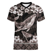 Hawaiian Plumeria and Humpback Whales Women V-Neck T-Shirt Polynerian Art Tattoo-Grayscale Mode