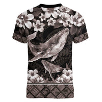 Hawaiian Plumeria and Humpback Whales Women V-Neck T-Shirt Polynerian Art Tattoo-Grayscale Mode