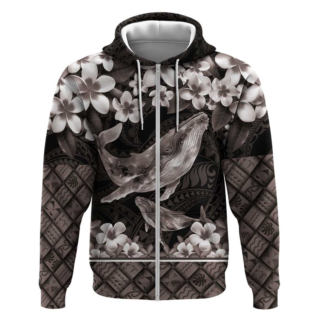 Hawaiian Plumeria and Humpback Whales Zip Hoodie Polynerian Art Tattoo-Grayscale Mode LT03 Zip Hoodie Black - Polynesian Pride