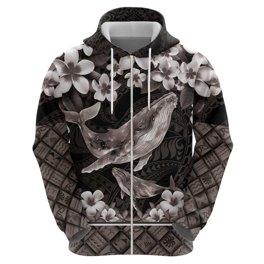 Hawaiian Plumeria and Humpback Whales Zip Hoodie Polynerian Art Tattoo-Grayscale Mode