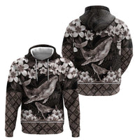 Hawaiian Plumeria and Humpback Whales Zip Hoodie Polynerian Art Tattoo-Grayscale Mode