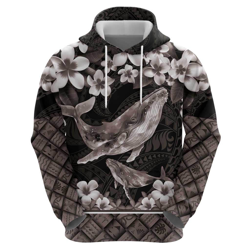Hawaiian Plumeria and Humpback Whales Zip Hoodie Polynerian Art Tattoo-Grayscale Mode