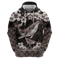 Hawaiian Plumeria and Humpback Whales Zip Hoodie Polynerian Art Tattoo-Grayscale Mode