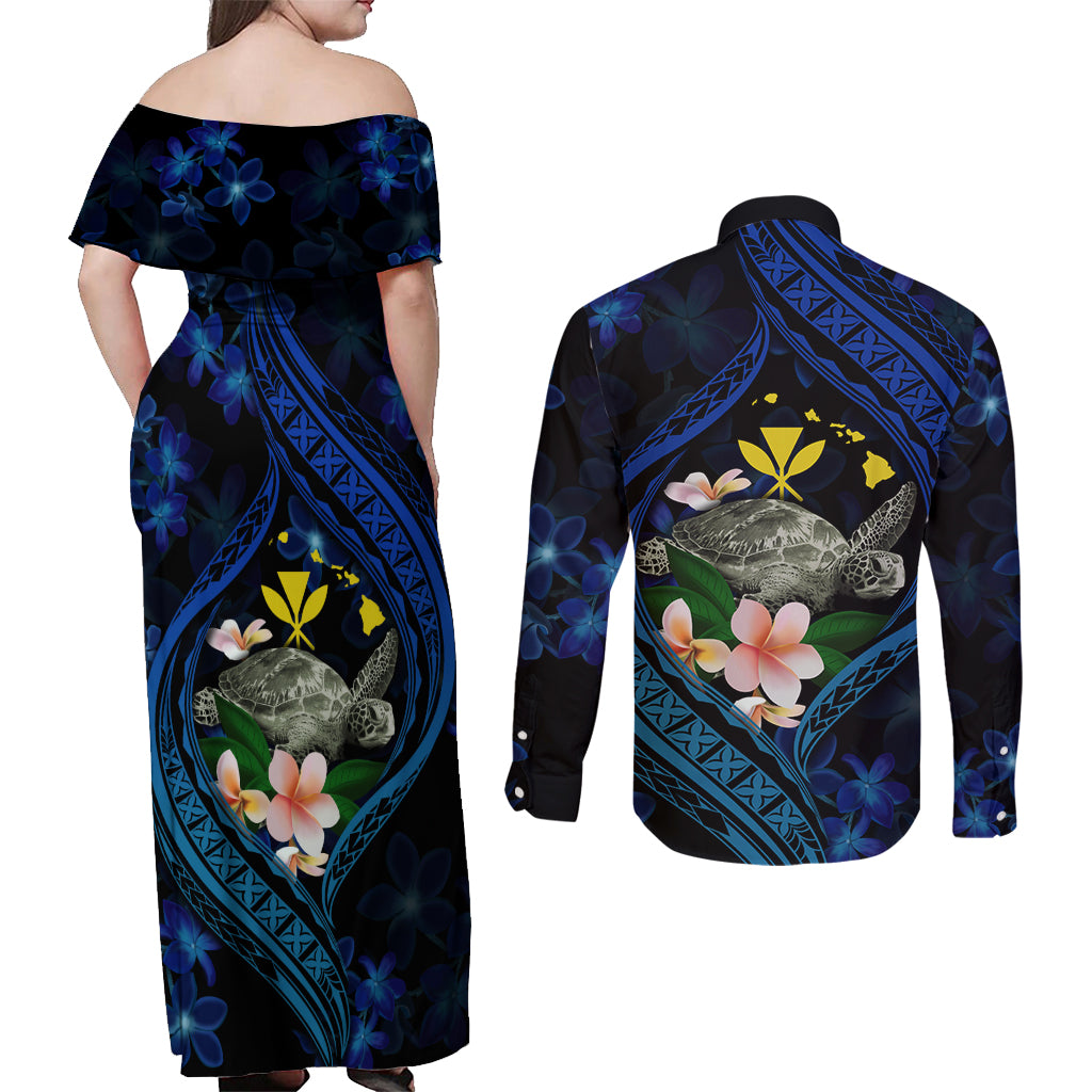 Hawaii Turtle Plumeria Flower Fanciful Couples Matching Off Shoulder Maxi Dress and Long Sleeve Button Shirt LT03 - Polynesian Pride