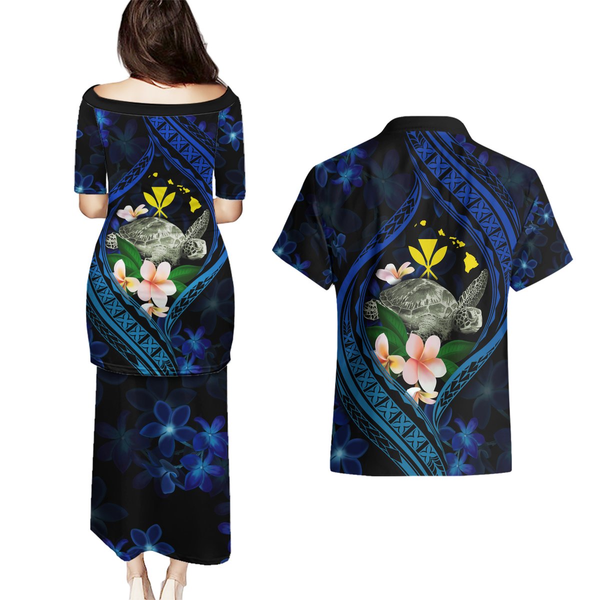 Hawaii Turtle Plumeria Flower Fanciful Couples Matching Puletasi and Hawaiian Shirt LT03 - Polynesian Pride