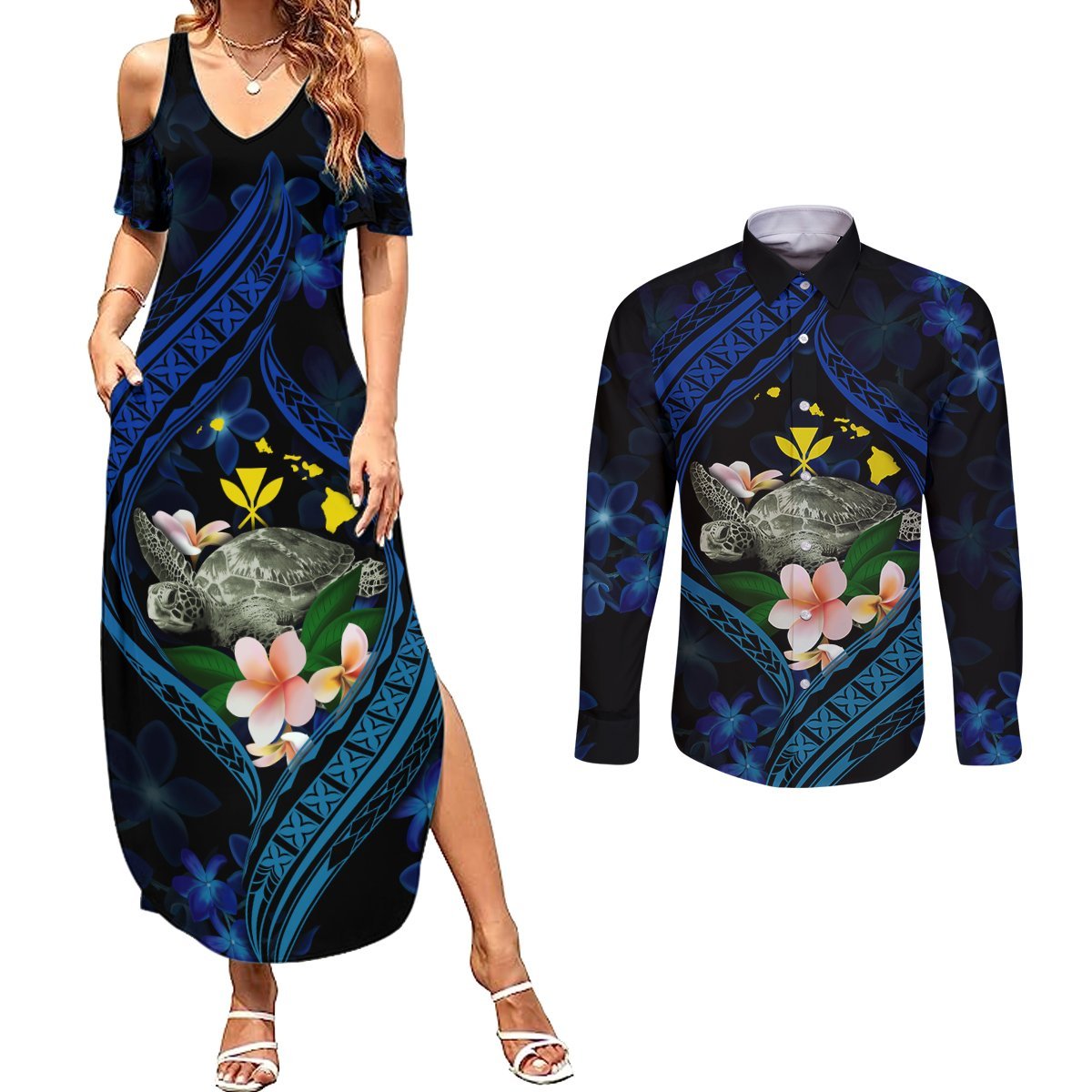 Hawaii Turtle Plumeria Flower Fanciful Couples Matching Summer Maxi Dress and Long Sleeve Button Shirt LT03 Black - Polynesian Pride
