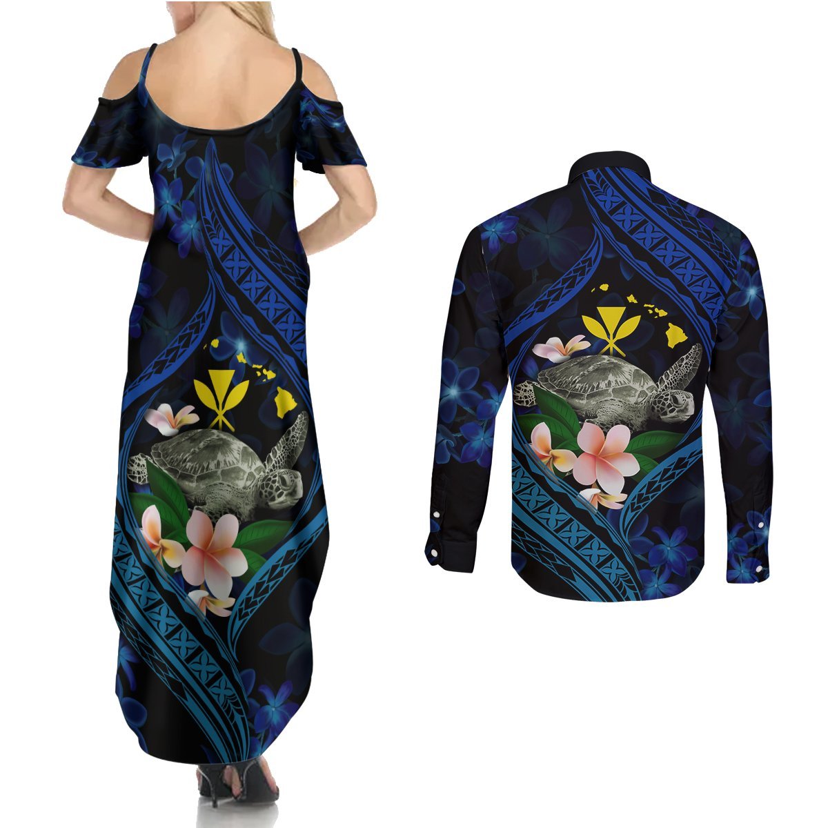Hawaii Turtle Plumeria Flower Fanciful Couples Matching Summer Maxi Dress and Long Sleeve Button Shirt LT03 - Polynesian Pride