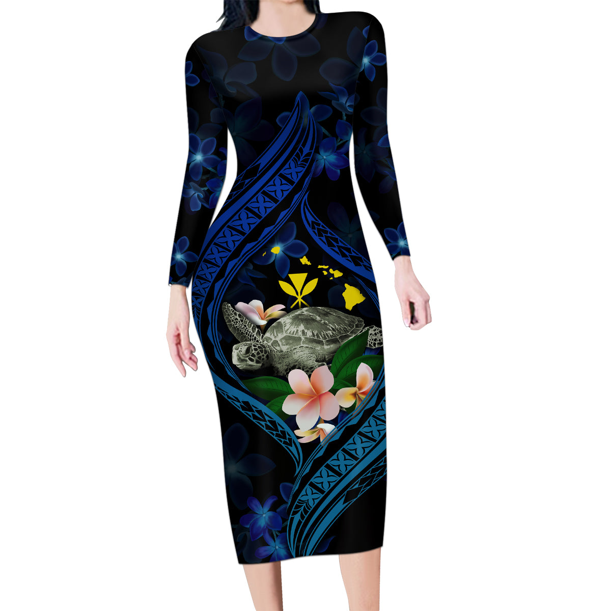 Hawaii Turtle Plumeria Flower Fanciful Family Matching Long Sleeve Bodycon Dress and Hawaiian Shirt