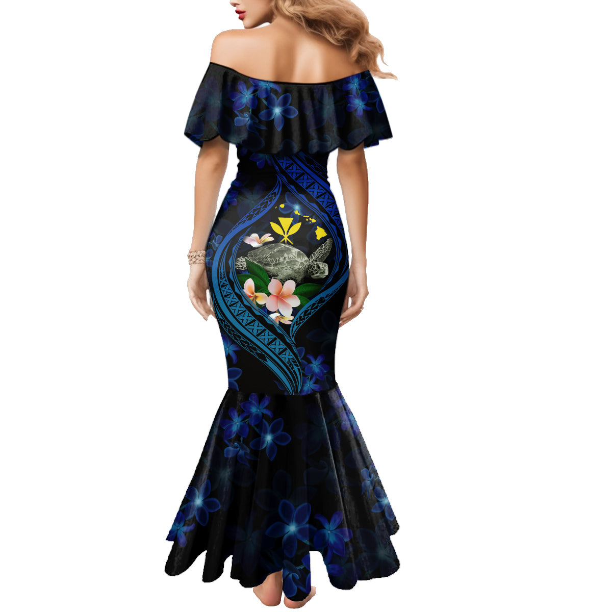 Hawaii Turtle Plumeria Flower Fanciful Family Matching Mermaid Dress and Hawaiian Shirt