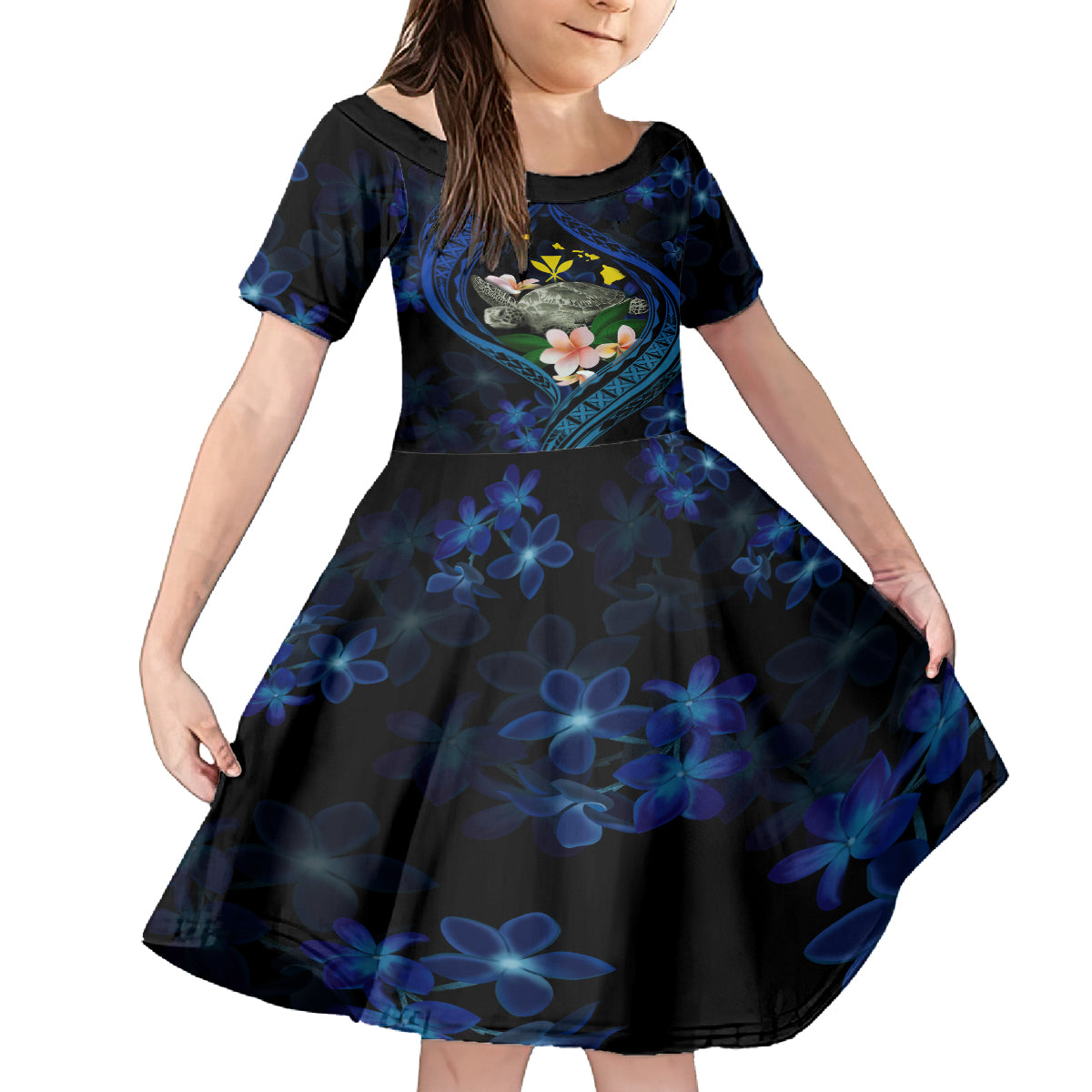 Hawaii Turtle Plumeria Flower Fanciful Family Matching Off The Shoulder Long Sleeve Dress and Hawaiian Shirt LT03 Daughter's Dress Black - Polynesian Pride