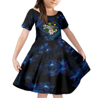 Hawaii Turtle Plumeria Flower Fanciful Family Matching Off The Shoulder Long Sleeve Dress and Hawaiian Shirt LT03 Daughter's Dress Black - Polynesian Pride