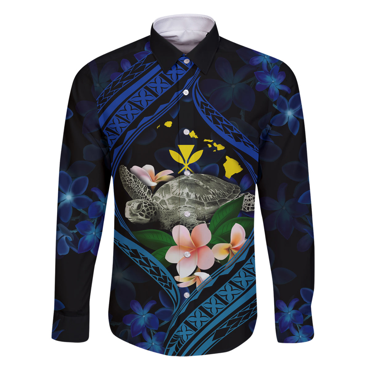 Hawaii Turtle Plumeria Flower Fanciful Family Matching Off The Shoulder Long Sleeve Dress and Hawaiian Shirt LT03 Dad's Shirt - Long Sleeve Black - Polynesian Pride