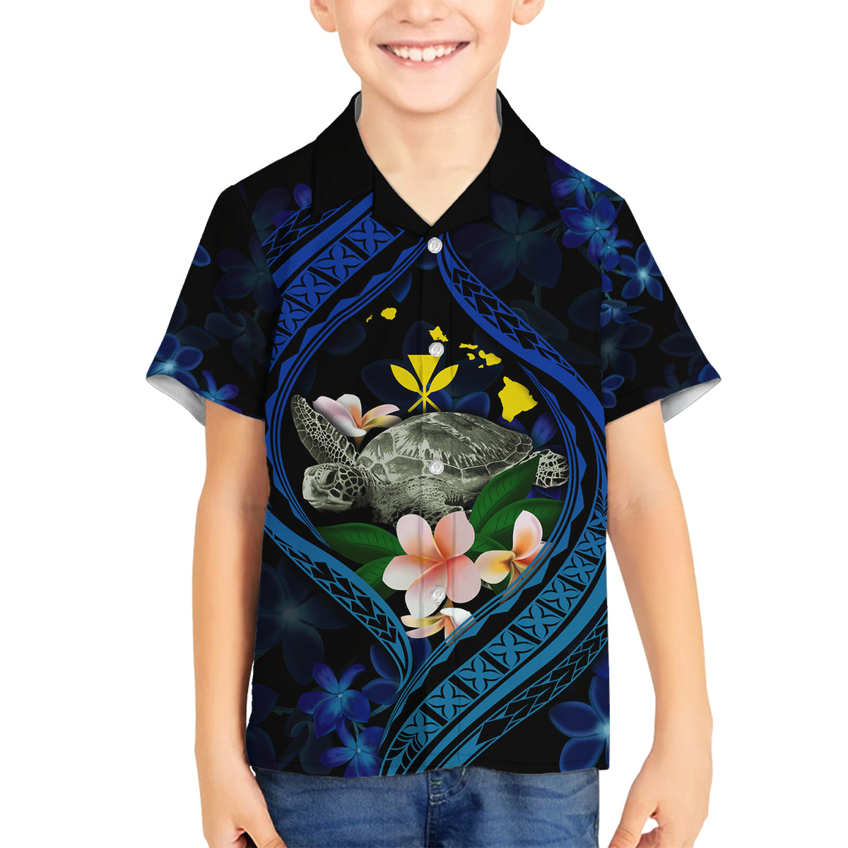 Hawaii Turtle Plumeria Flower Fanciful Family Matching Off The Shoulder Long Sleeve Dress and Hawaiian Shirt LT03 Son's Shirt Black - Polynesian Pride