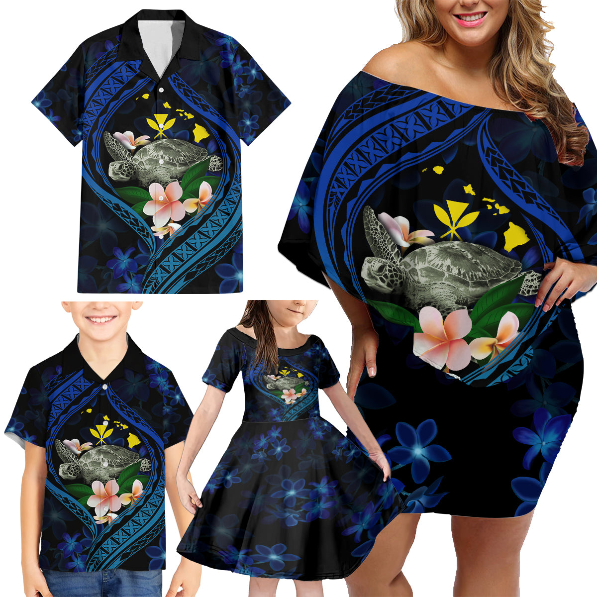Hawaii Turtle Plumeria Flower Fanciful Family Matching Off Shoulder Short Dress and Hawaiian Shirt