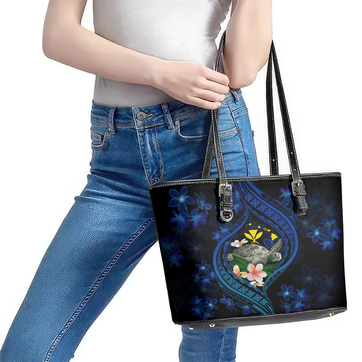 Hawaii Turtle Plumeria Flower Fanciful Leather Tote Bag