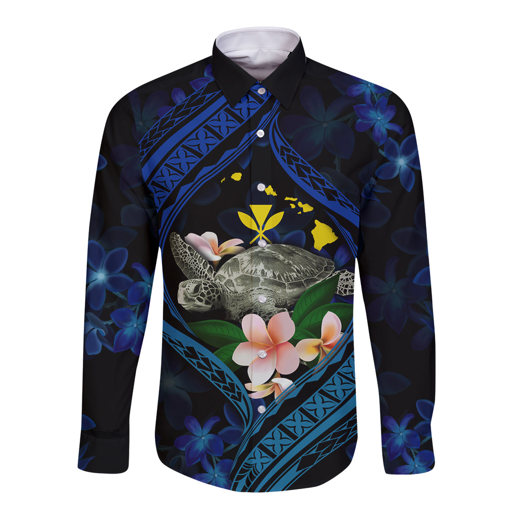 Hawaii Turtle Plumeria Flower Fanciful Long Sleeve Button Shirt LT03 Unisex Black - Polynesian Pride