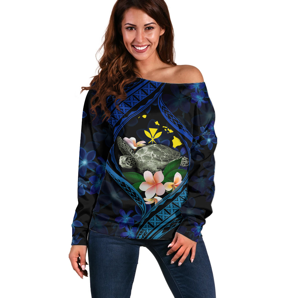 Hawaii Turtle Plumeria Flower Fanciful Off Shoulder Sweater