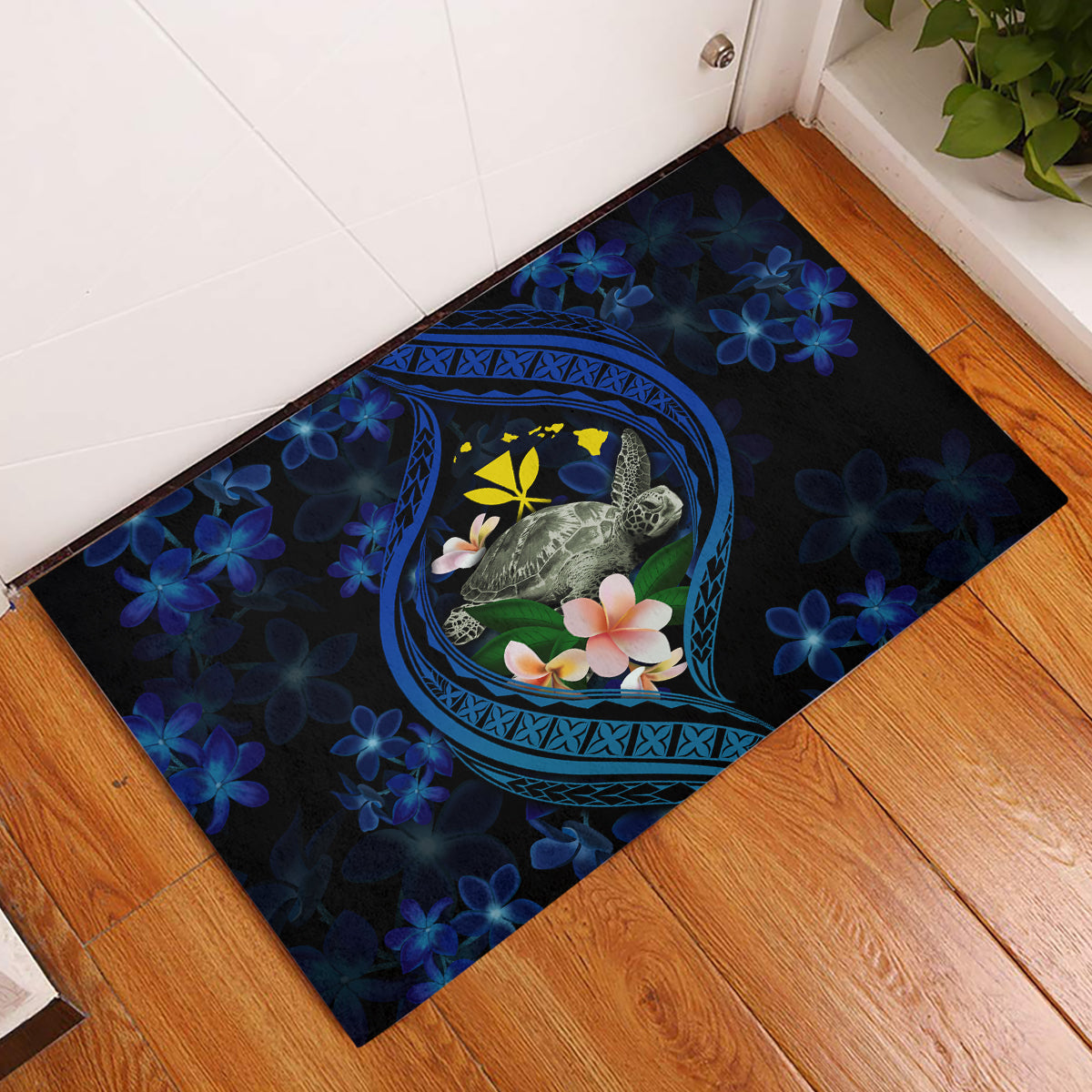 Hawaii Turtle Plumeria Flower Fanciful Rubber Doormat