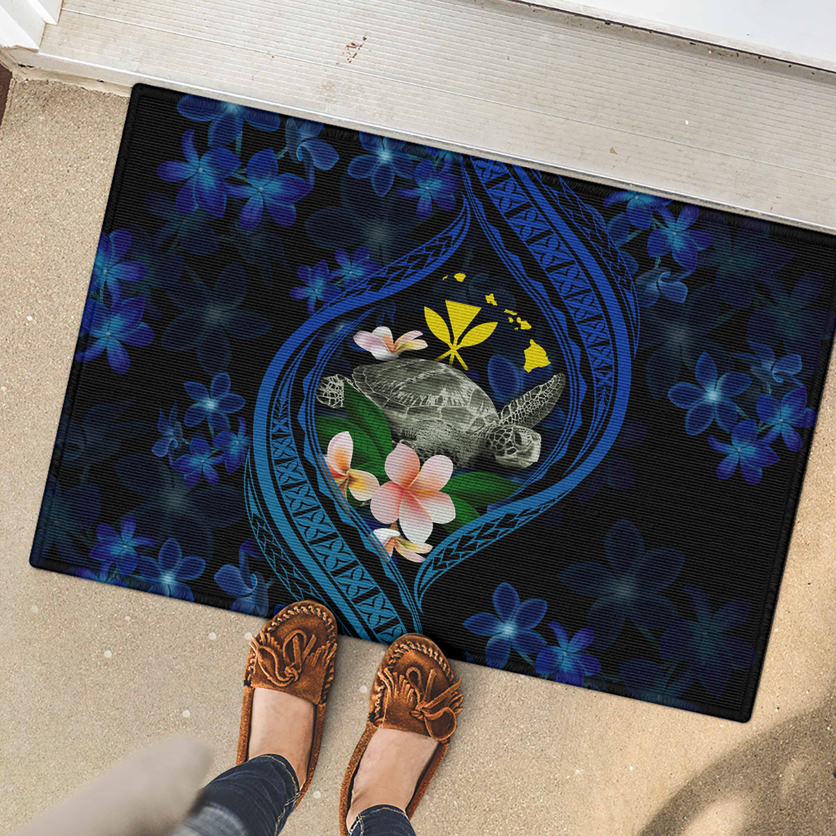 Hawaii Turtle Plumeria Flower Fanciful Rubber Doormat