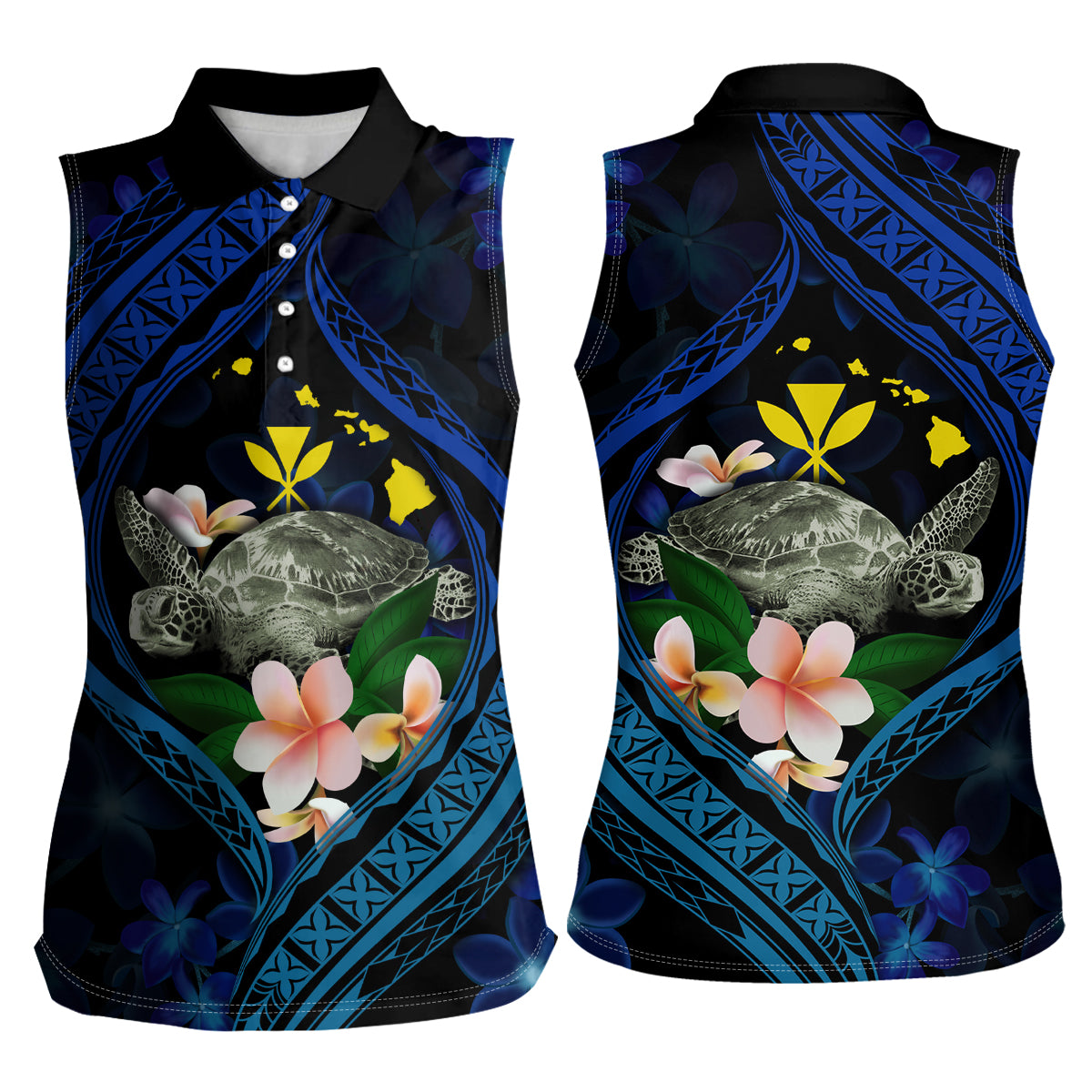 Hawaii Turtle Plumeria Flower Fanciful Women Sleeveless Polo Shirt
