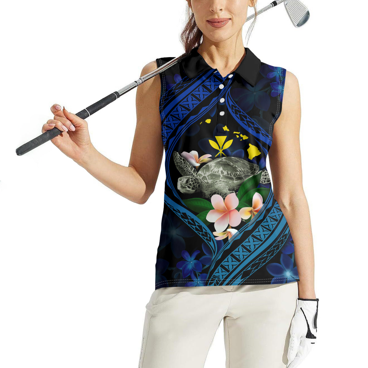Hawaii Turtle Plumeria Flower Fanciful Women Sleeveless Polo Shirt