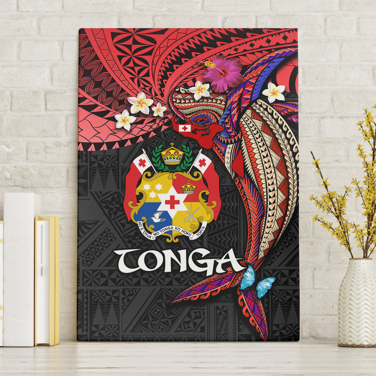 Tonga Emancipation Day Canvas Wall Art Ngatu Humpback Whale Polynesian Flower