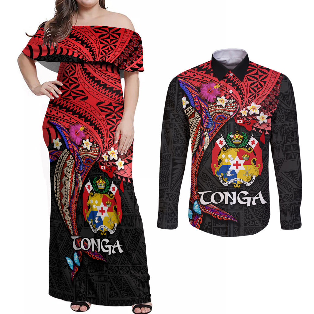 Tonga Emancipation Day Couples Matching Off Shoulder Maxi Dress and Long Sleeve Button Shirt Ngatu Humpback Whale Polynesian Flower LT03 Black - Polynesian Pride
