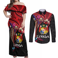 Tonga Emancipation Day Couples Matching Off Shoulder Maxi Dress and Long Sleeve Button Shirt Ngatu Humpback Whale Polynesian Flower LT03 Black - Polynesian Pride