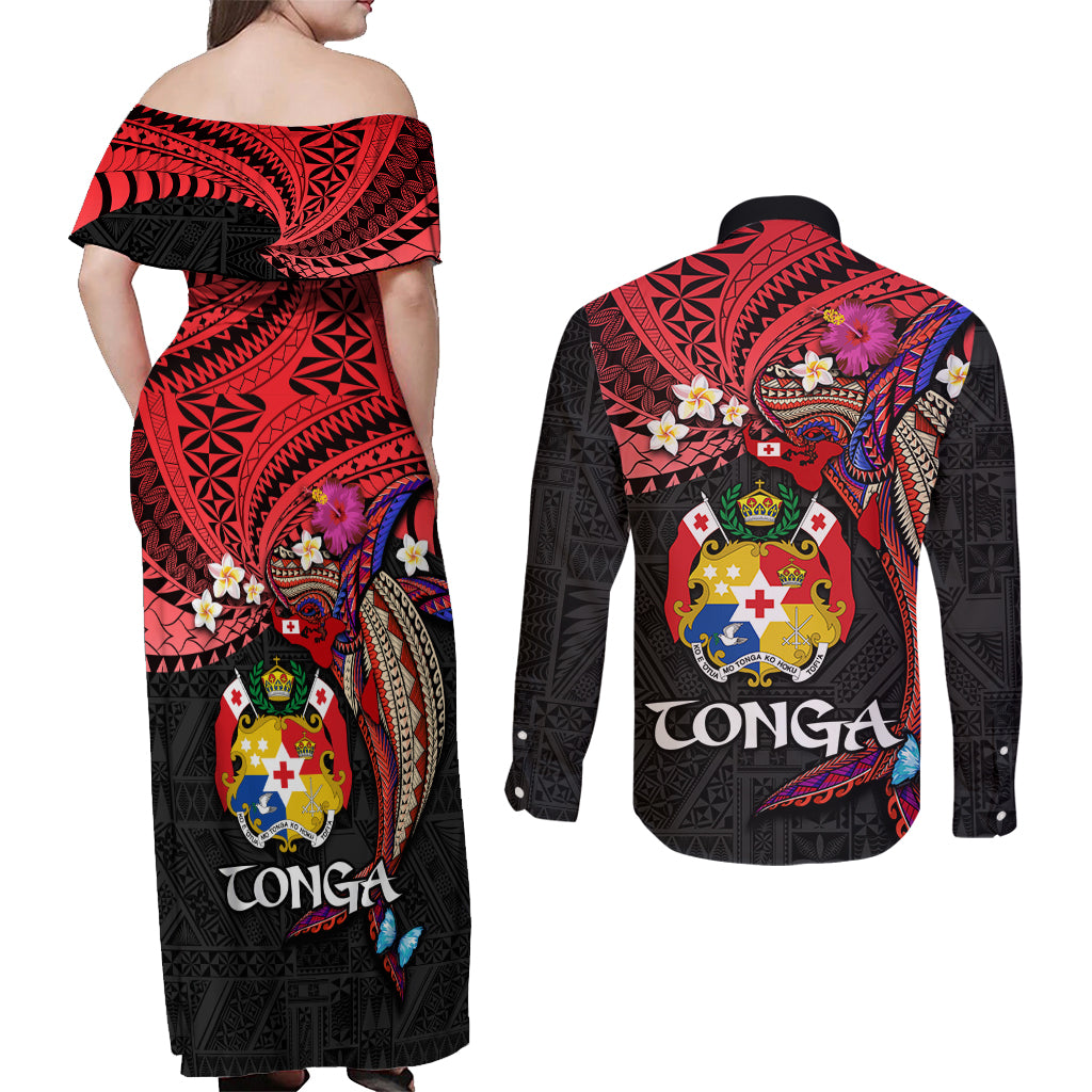 Tonga Emancipation Day Couples Matching Off Shoulder Maxi Dress and Long Sleeve Button Shirt Ngatu Humpback Whale Polynesian Flower LT03 - Polynesian Pride