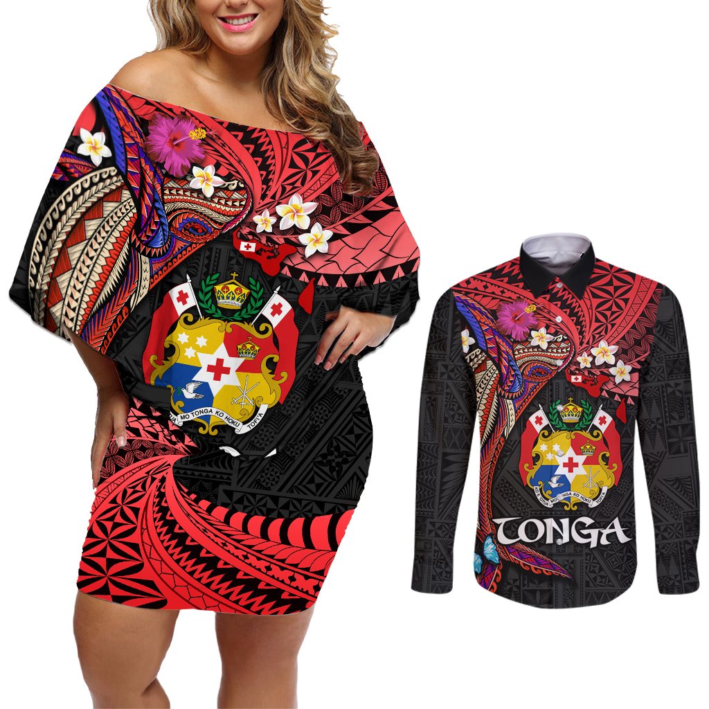 Tonga Emancipation Day Couples Matching Off Shoulder Short Dress and Long Sleeve Button Shirt Ngatu Humpback Whale Polynesian Flower LT03 Black - Polynesian Pride
