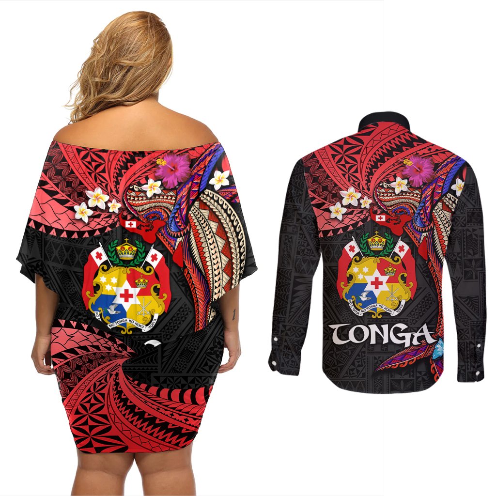 Tonga Emancipation Day Couples Matching Off Shoulder Short Dress and Long Sleeve Button Shirt Ngatu Humpback Whale Polynesian Flower LT03 - Polynesian Pride