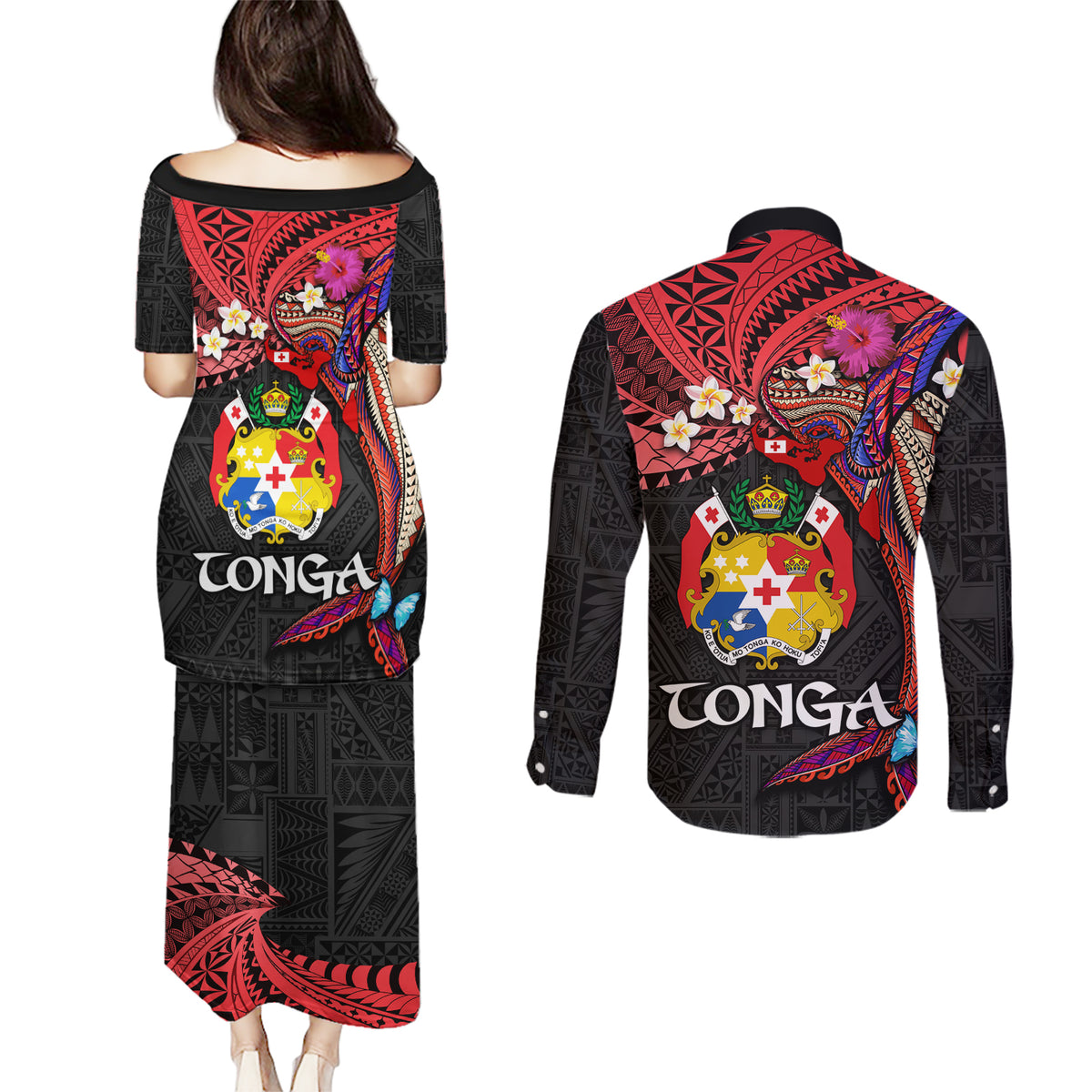 Tonga Emancipation Day Couples Matching Puletasi and Long Sleeve Button Shirt Ngatu Humpback Whale Polynesian Flower