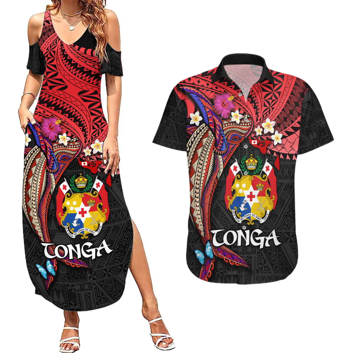 Tonga Emancipation Day Couples Matching Summer Maxi Dress and Hawaiian Shirt Ngatu Humpback Whale Polynesian Flower