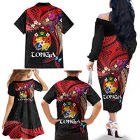Tonga Emancipation Day Family Matching Off The Shoulder Long Sleeve Dress and Hawaiian Shirt Ngatu Humpback Whale Polynesian Flower