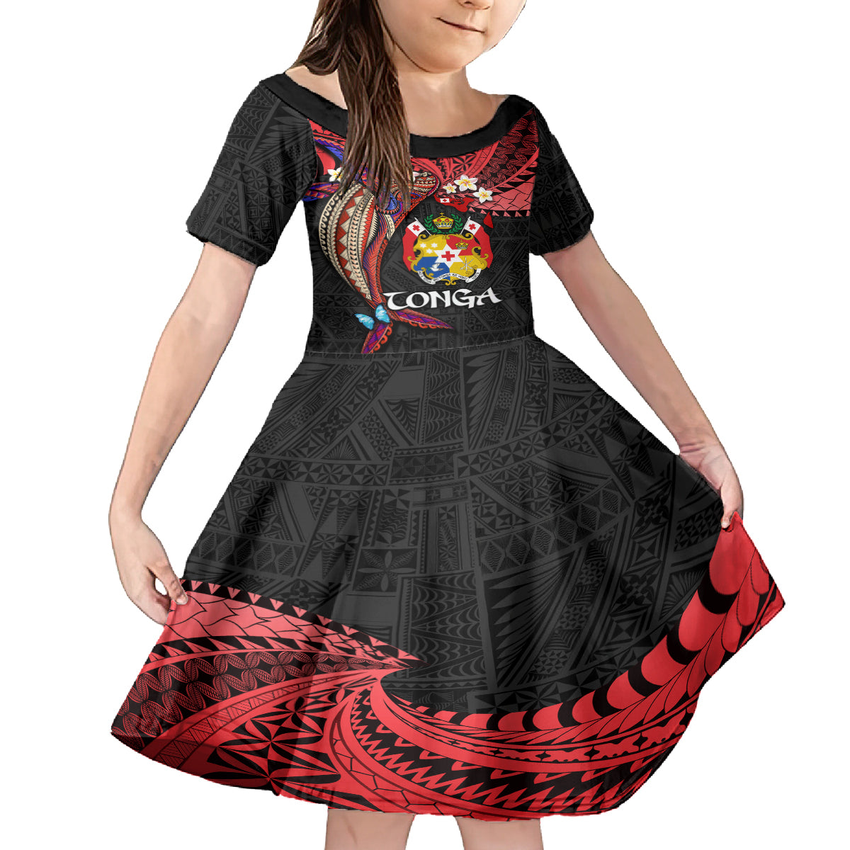 Tonga Emancipation Day Family Matching Off Shoulder Maxi Dress and Hawaiian Shirt Ngatu Humpback Whale Polynesian Flower LT03 Daughter's Dress Black - Polynesian Pride