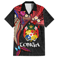 Tonga Emancipation Day Family Matching Off Shoulder Maxi Dress and Hawaiian Shirt Ngatu Humpback Whale Polynesian Flower LT03 Dad's Shirt - Short Sleeve Black - Polynesian Pride