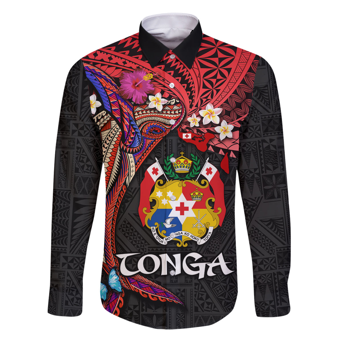 Tonga Emancipation Day Family Matching Off Shoulder Maxi Dress and Hawaiian Shirt Ngatu Humpback Whale Polynesian Flower LT03 Dad's Shirt - Long Sleeve Black - Polynesian Pride