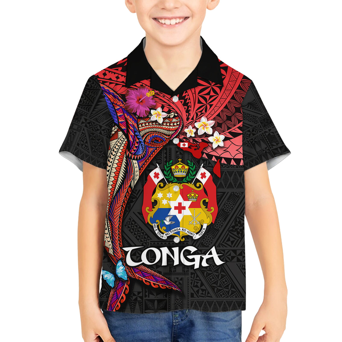 Tonga Emancipation Day Family Matching Off Shoulder Maxi Dress and Hawaiian Shirt Ngatu Humpback Whale Polynesian Flower LT03 Son's Shirt Black - Polynesian Pride