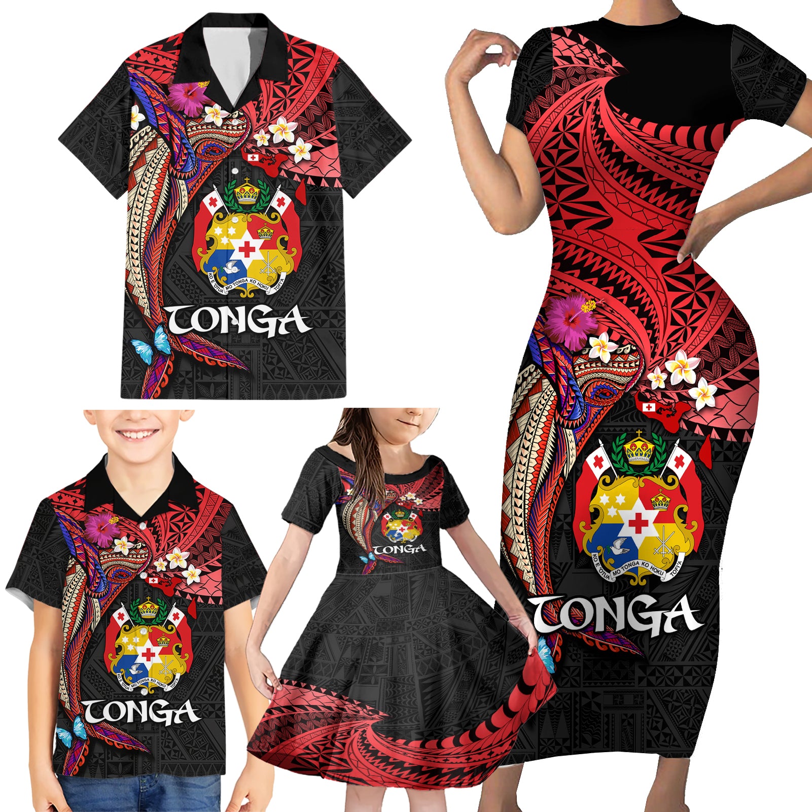 Tonga Emancipation Day Family Matching Short Sleeve Bodycon Dress and Hawaiian Shirt Ngatu Humpback Whale Polynesian Flower