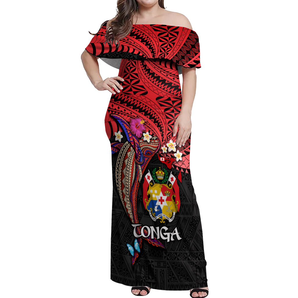 Tonga Emancipation Day Off Shoulder Maxi Dress Ngatu Humpback Whale Polynesian Flower LT03 Women Black - Polynesian Pride