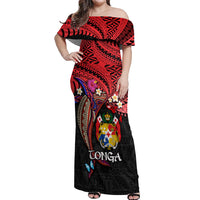 Tonga Emancipation Day Off Shoulder Maxi Dress Ngatu Humpback Whale Polynesian Flower LT03 Women Black - Polynesian Pride