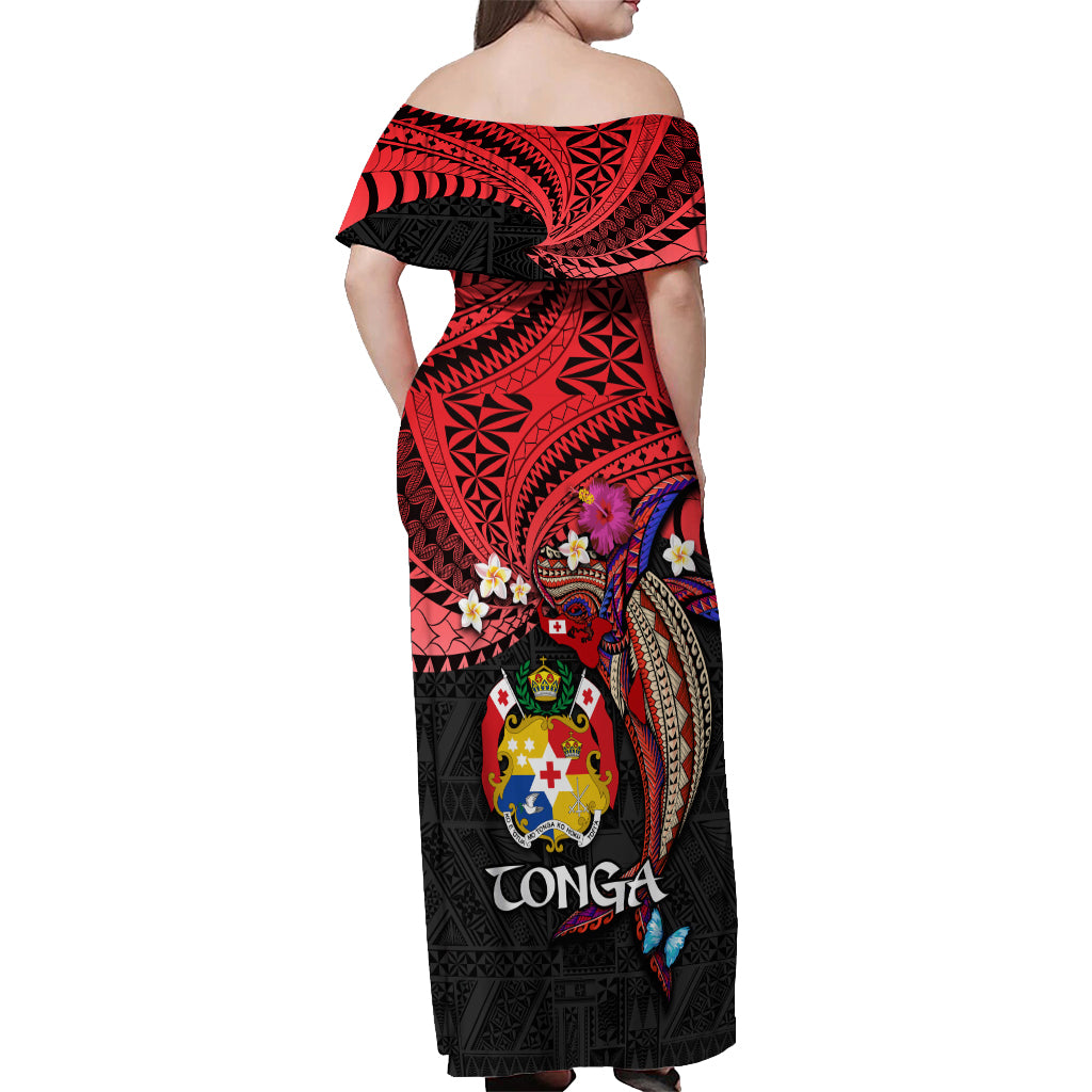 Tonga Emancipation Day Off Shoulder Maxi Dress Ngatu Humpback Whale Polynesian Flower LT03 - Polynesian Pride