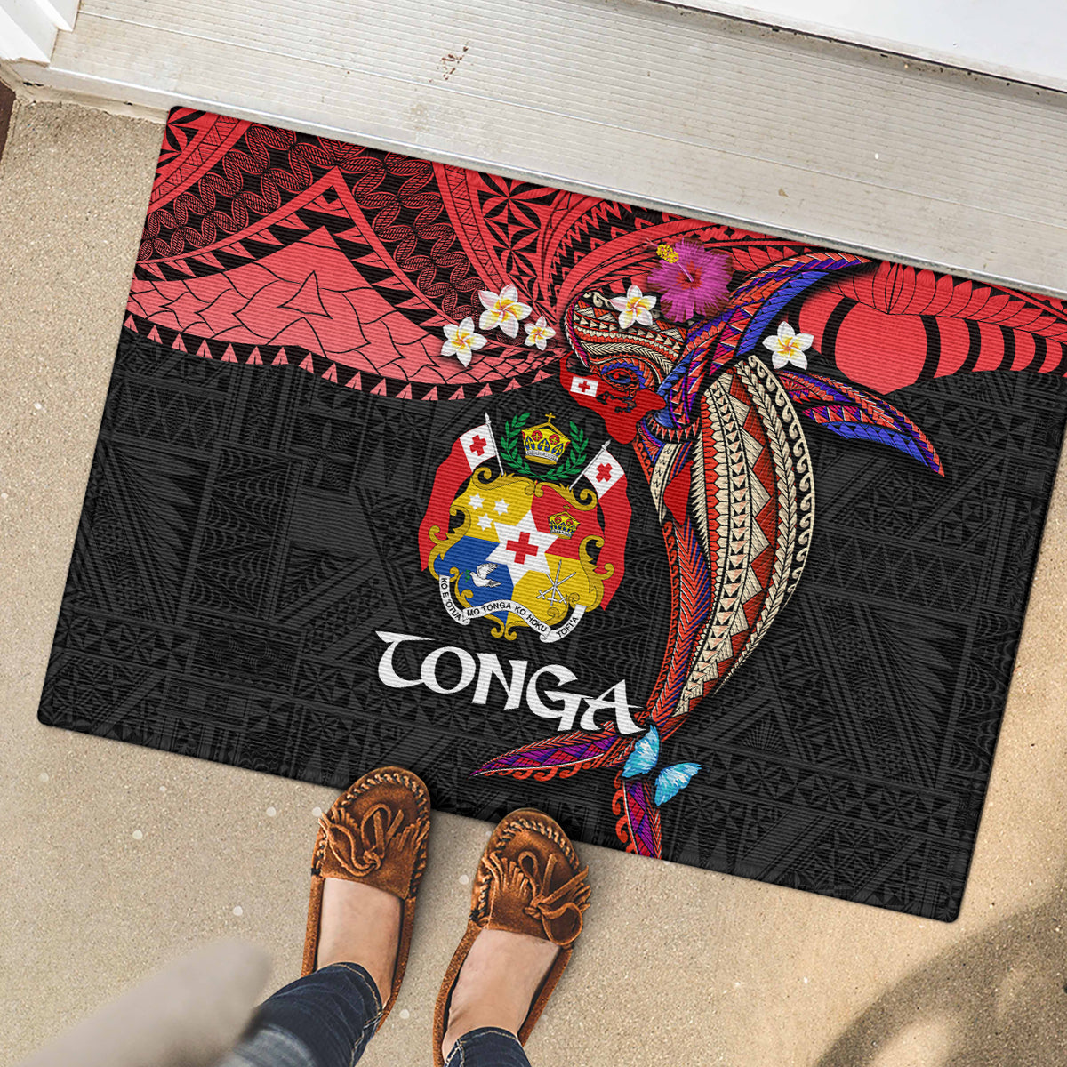 Tonga Emancipation Day Rubber Doormat Ngatu Humpback Whale Polynesian Flower