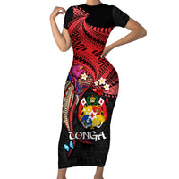 Tonga Emancipation Day Short Sleeve Bodycon Dress Ngatu Humpback Whale Polynesian Flower LT03 Long Dress Black - Polynesian Pride