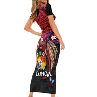 Tonga Emancipation Day Short Sleeve Bodycon Dress Ngatu Humpback Whale Polynesian Flower LT03 - Polynesian Pride